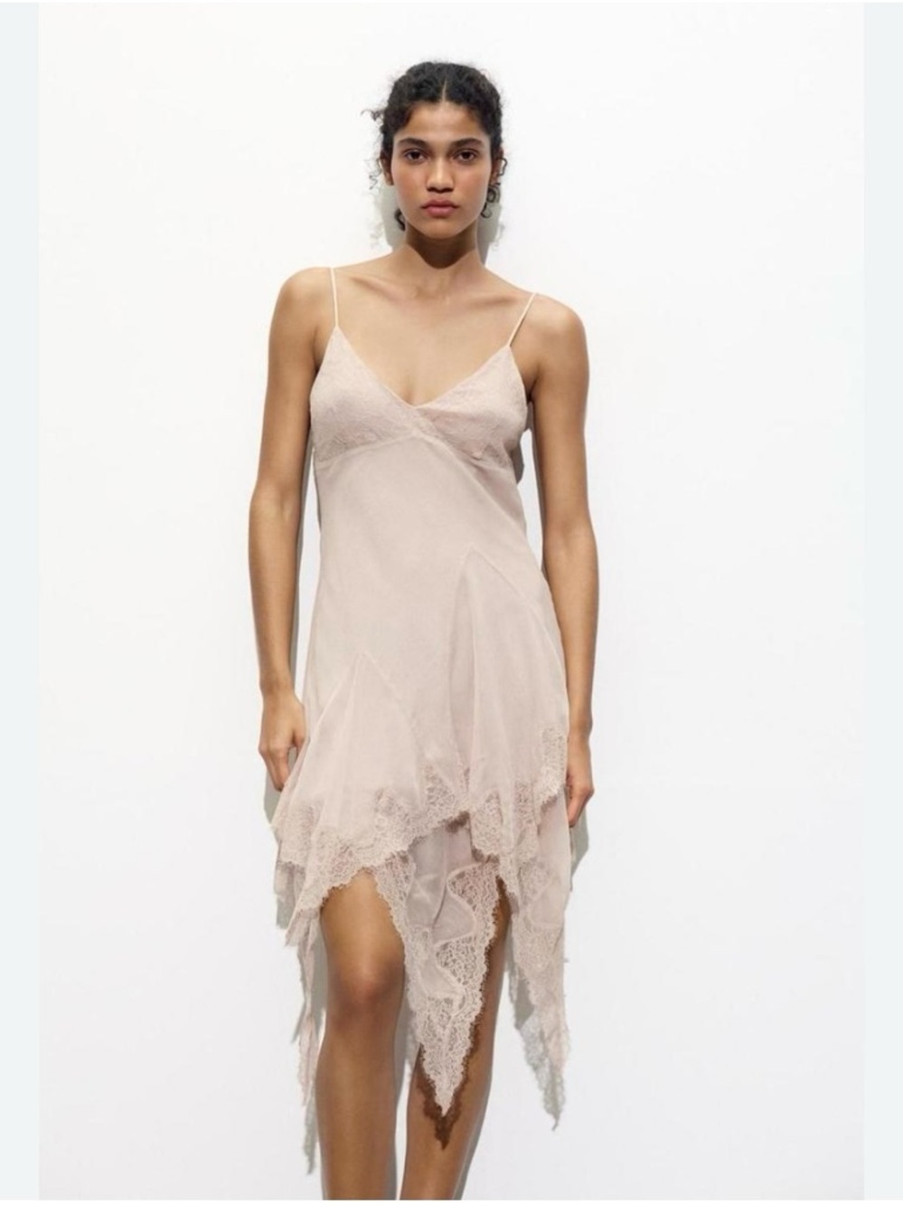 Zara Pale Blush Asymmetrical Slip Dress with Lace Trim